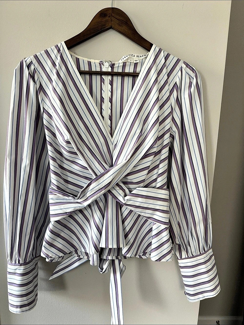 Veronica Beard Striped back tied Blouse in White & Purple Size 8 Like New